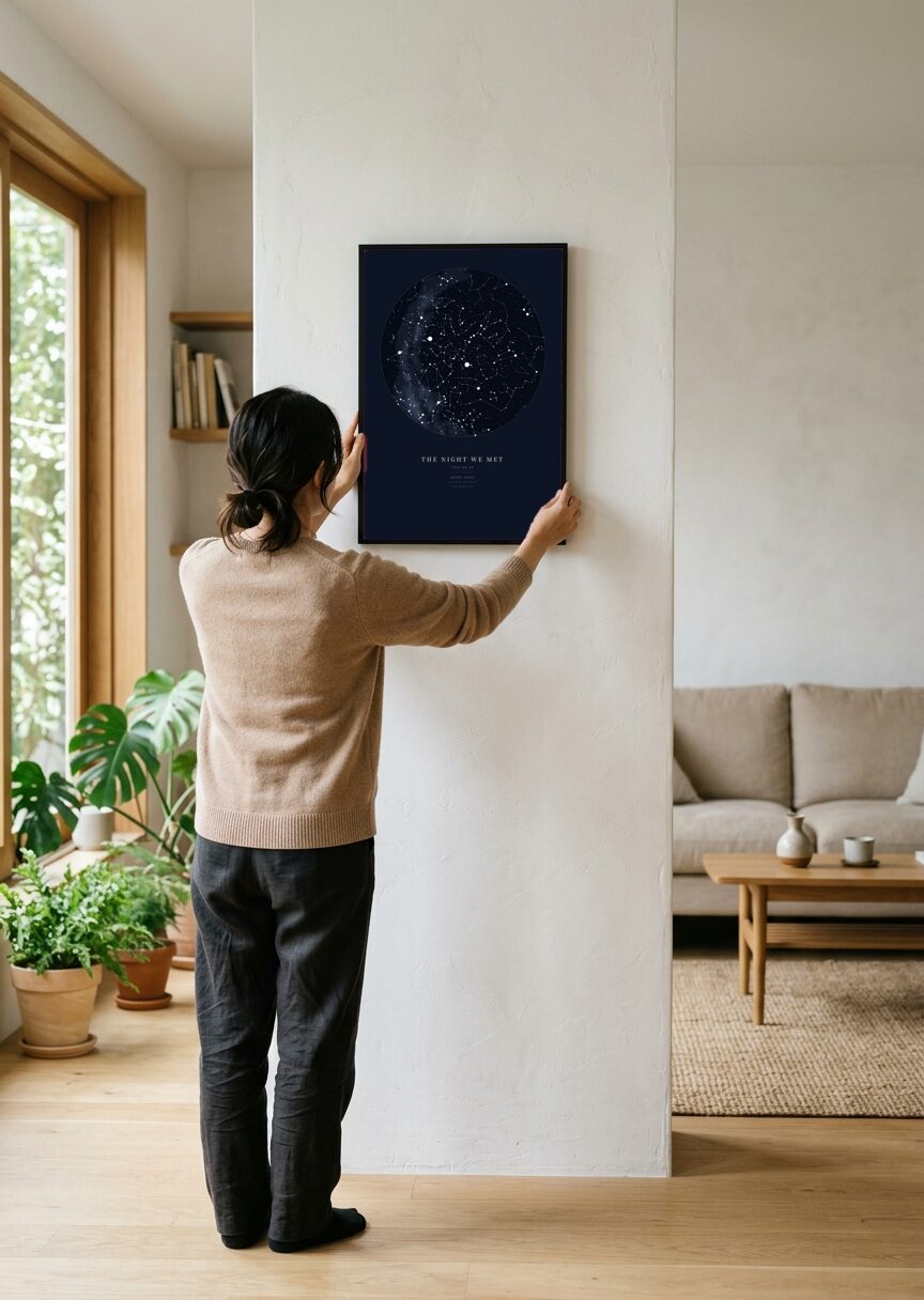 リビングの白い壁に、黒い額に入れたスターマップ（MIDNIGHT）を掛けているところ